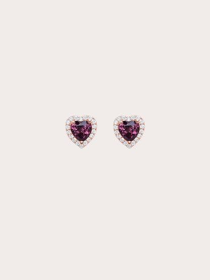Halo Heart Stud Earrings Rhodolite 18K Rose Gold (6) – Mondays Made Flower & Birthstone Jewelry Singapore