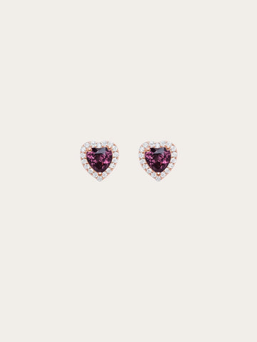 Halo Heart Stud Earrings - Rhodolite