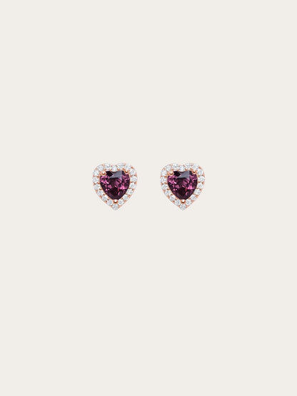 Halo Heart Stud Earrings - Rhodolite