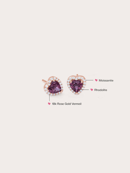 Halo Heart Stud Earrings Rhodolite 18K Rose Gold (7) – Mondays Made Flower & Birthstone Jewelry Singapore