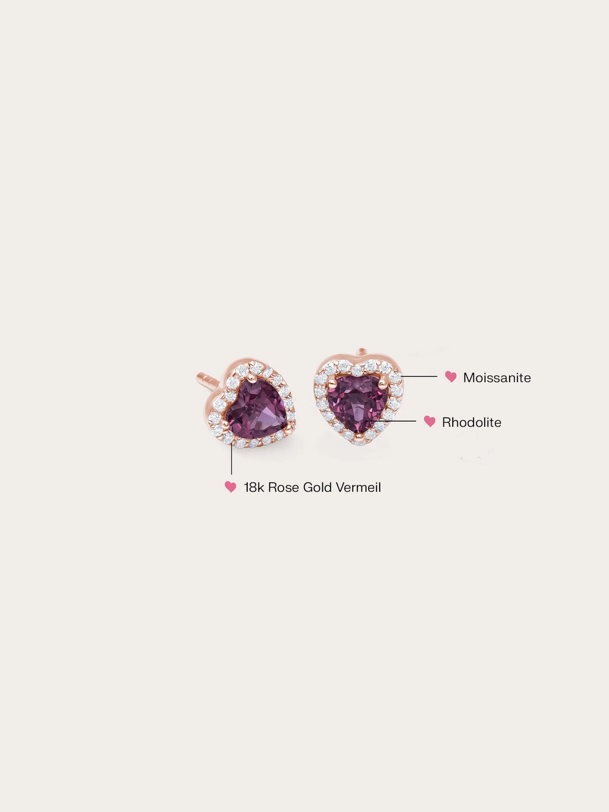 Halo Heart Stud Earrings - Rhodolite