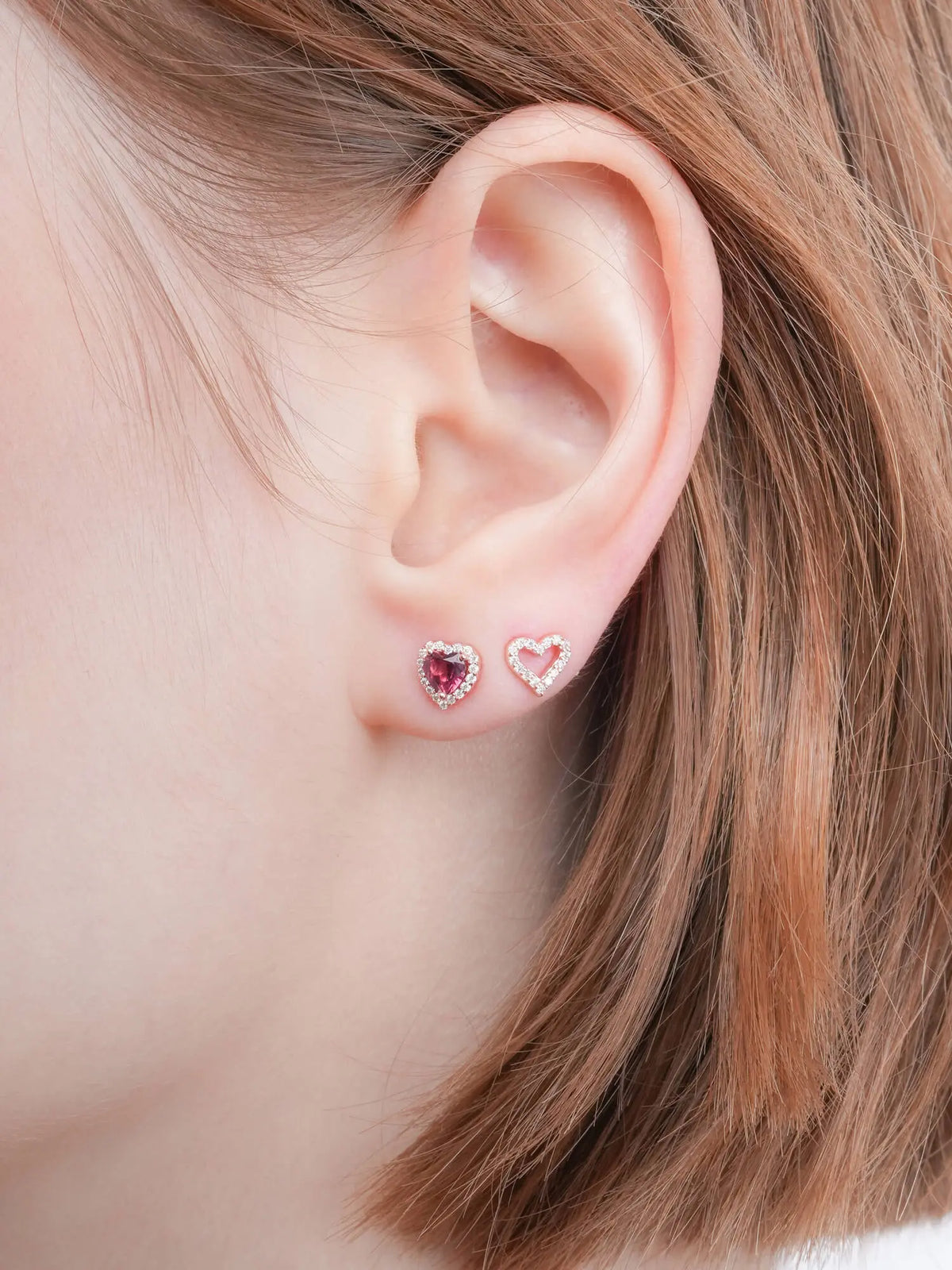 Halo Heart Stud Earrings - Rhodolite