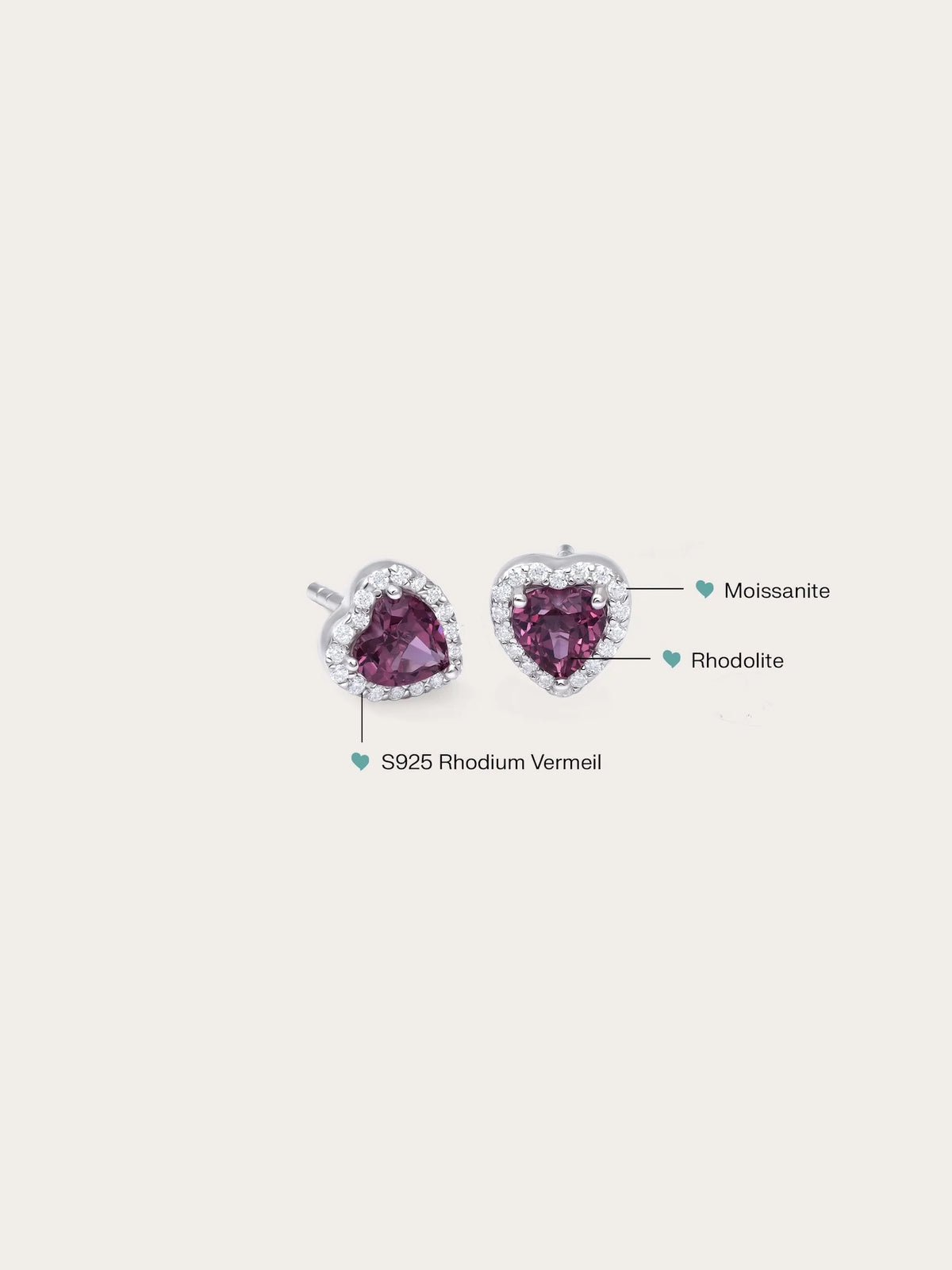 Halo Heart Stud Earrings - Rhodolite