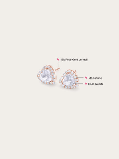 Halo Heart Stud Earrings - Rose Quartz