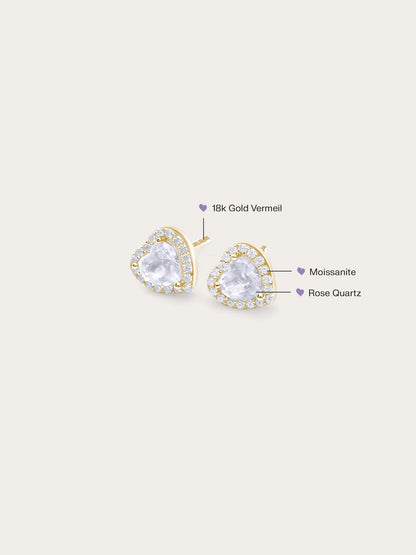 Halo Heart Stud Earrings - Rose Quartz