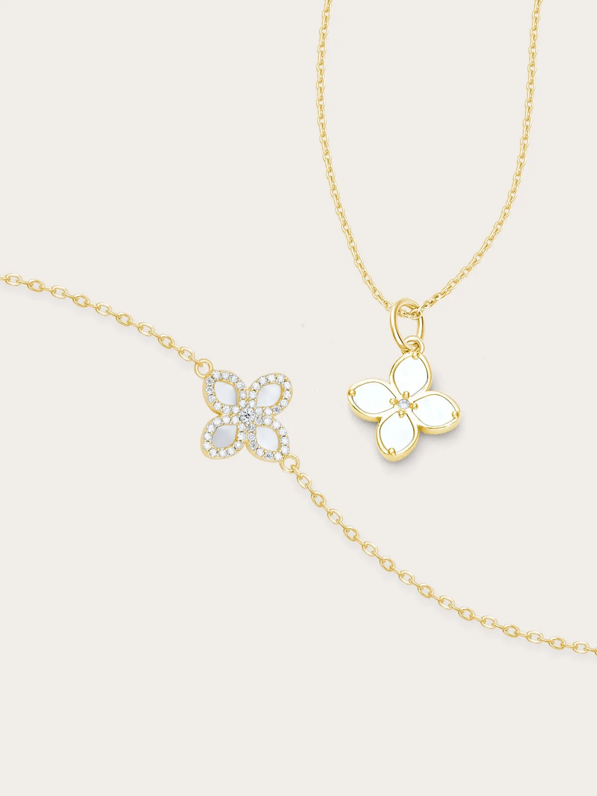 Mother of Pearl Clover Reversible Necklace and Bracelet Set