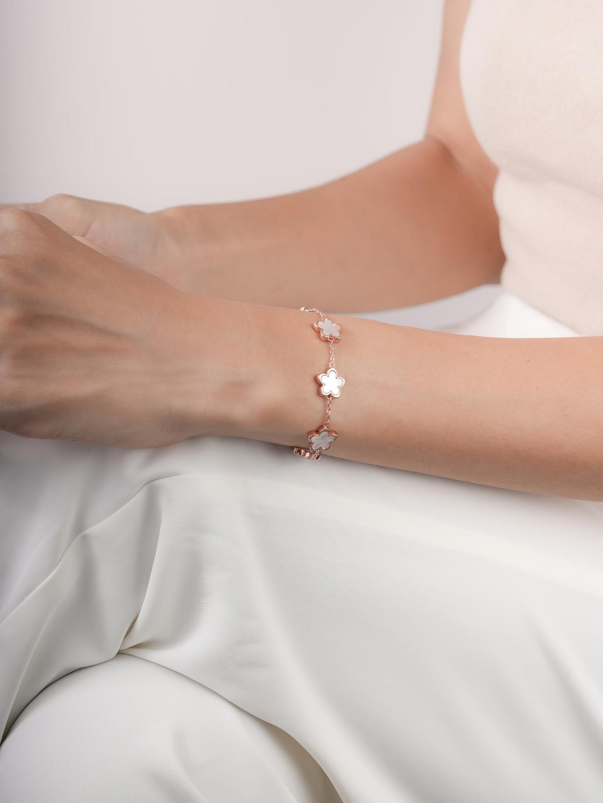 Mother of Pearl Sakura Bracelet 18K Rose Gold (5) – Mondays Made Flower & Birthstone Jewelry Singapore