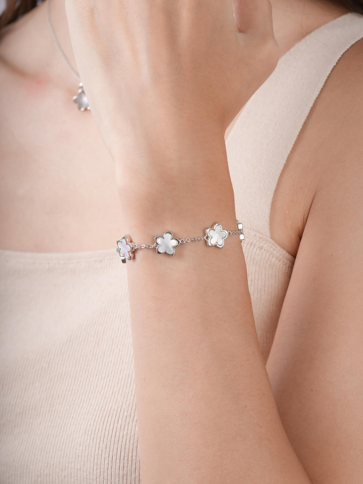 Mother of Pearl Sakura Bracelet S925 Silver Rhodium (7) – Mondays Made Flower & Birthstone Jewelry Singapore