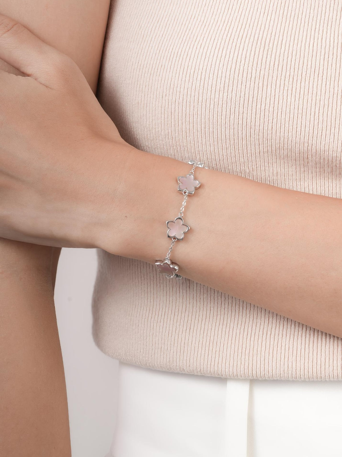 Mother of Pearl Sakura Bracelet S925 Silver Rhodium (11) – Mondays Made Flower & Birthstone Jewelry Singapore