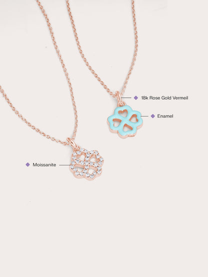 Mint Clover Necklace Reversible Enamel Moissanite 18K Rose Gold (6) – Mondays Made Flower & Birthstone Jewelry Singapore