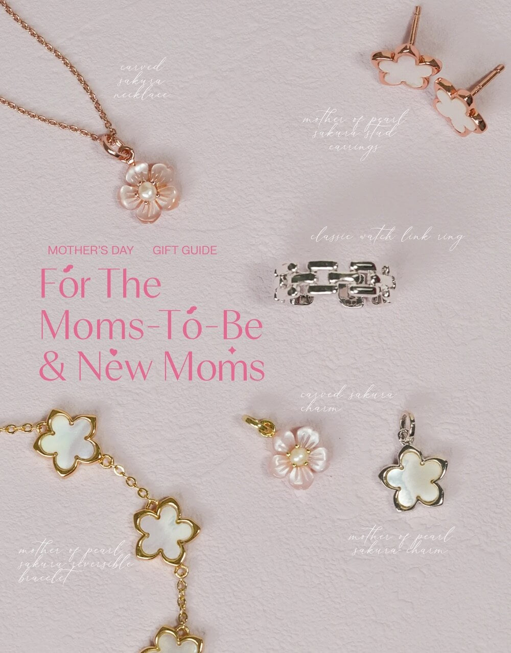 Collage of jewelry for moms-to-be and new moms for mothers day gift guide.