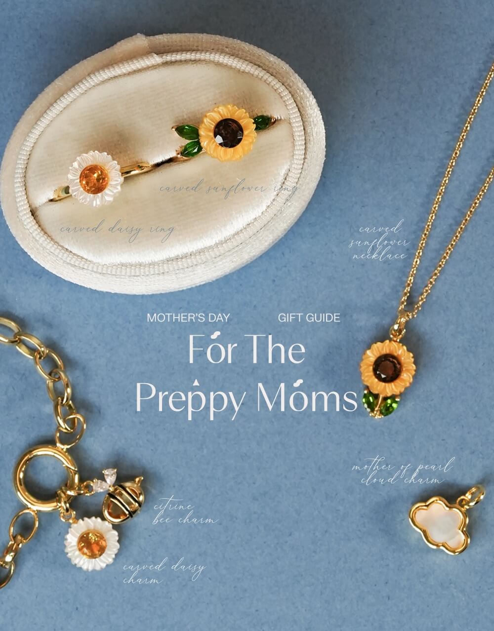 Collage of jewelry for the preppy moms. Featured in picture: Carved Sunflower Ring and Necklace, Mother of Pearl Cloud Charm, Carved Daisy Ring and Charm, and Citrine Bee Charm attached to Rolo Chain Charm Bracelet.