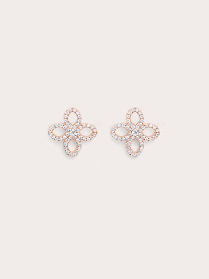 Pave Moissanite Clover Stud Earrings 18K Rose Gold (1) – Mondays Made Flower & Birthstone Jewelry Singapore