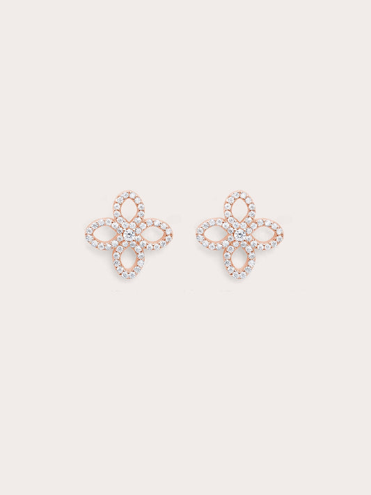 Pave Moissanite Clover Stud Earrings 18K Rose Gold (1) – Mondays Made Flower & Birthstone Jewelry Singapore