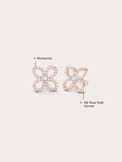 Pave Moissanite Clover Stud Earrings 18K Rose Gold (2) – Mondays Made Flower & Birthstone Jewelry Singapore