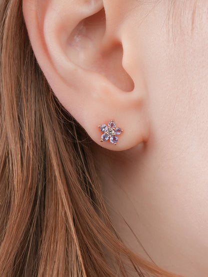 Periwinkle Flower Stud Earrings Tanzanite 18K Rose Gold (6) – Mondays Made Flower & Birthstone Jewelry Singapore