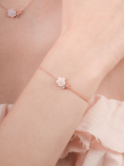 Pink Cluster Flower Bracelet Mother of Pearl Aquamarine 18K Rose Gold (1) – Mondays Made Flower & Birthstone Jewelry Singapore