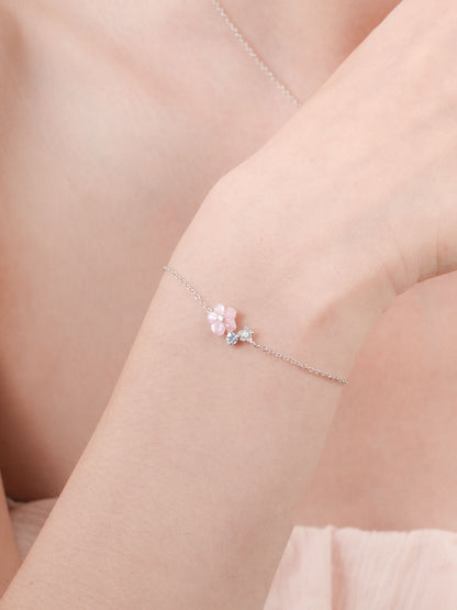 Pink Cluster Flower Bracelet Mother of Pearl Aquamarine S925 Silver Rhodium (1) – Mondays Made Flower & Birthstone Jewelry Singapore