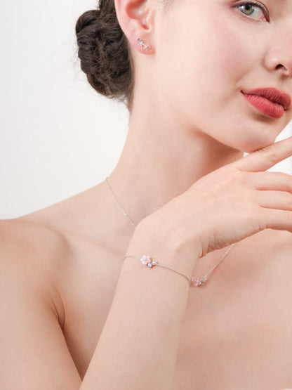 Pink Cluster Flower Bracelet Mother of Pearl Aquamarine S925 Silver Rhodium (2) – Mondays Made Flower & Birthstone Jewelry Singapore