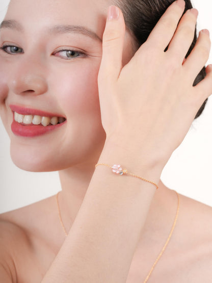 Pink Cluster Flower Bracelet Mother of Pearl Aquamarine 18K Gold (1) – Mondays Made Flower & Birthstone Jewelry Singapore