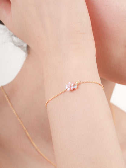 Pink Cluster Flower Bracelet Mother of Pearl Aquamarine 18K Gold (2) – Mondays Made Flower & Birthstone Jewelry Singapore