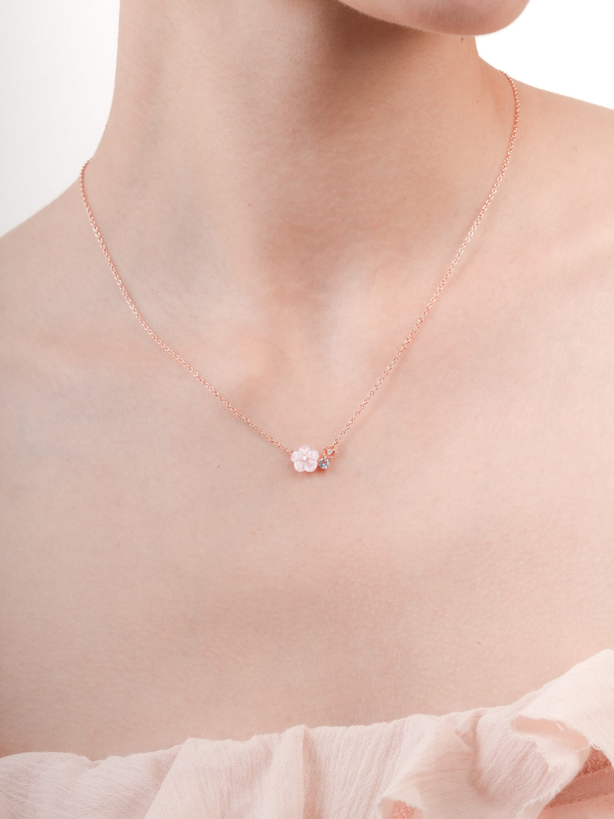 Pink Cluster Flower Necklace Mother of Pearl Aquamarine 18K Rose Gold (1) – Mondays Made Flower & Birthstone Jewelry Singapore