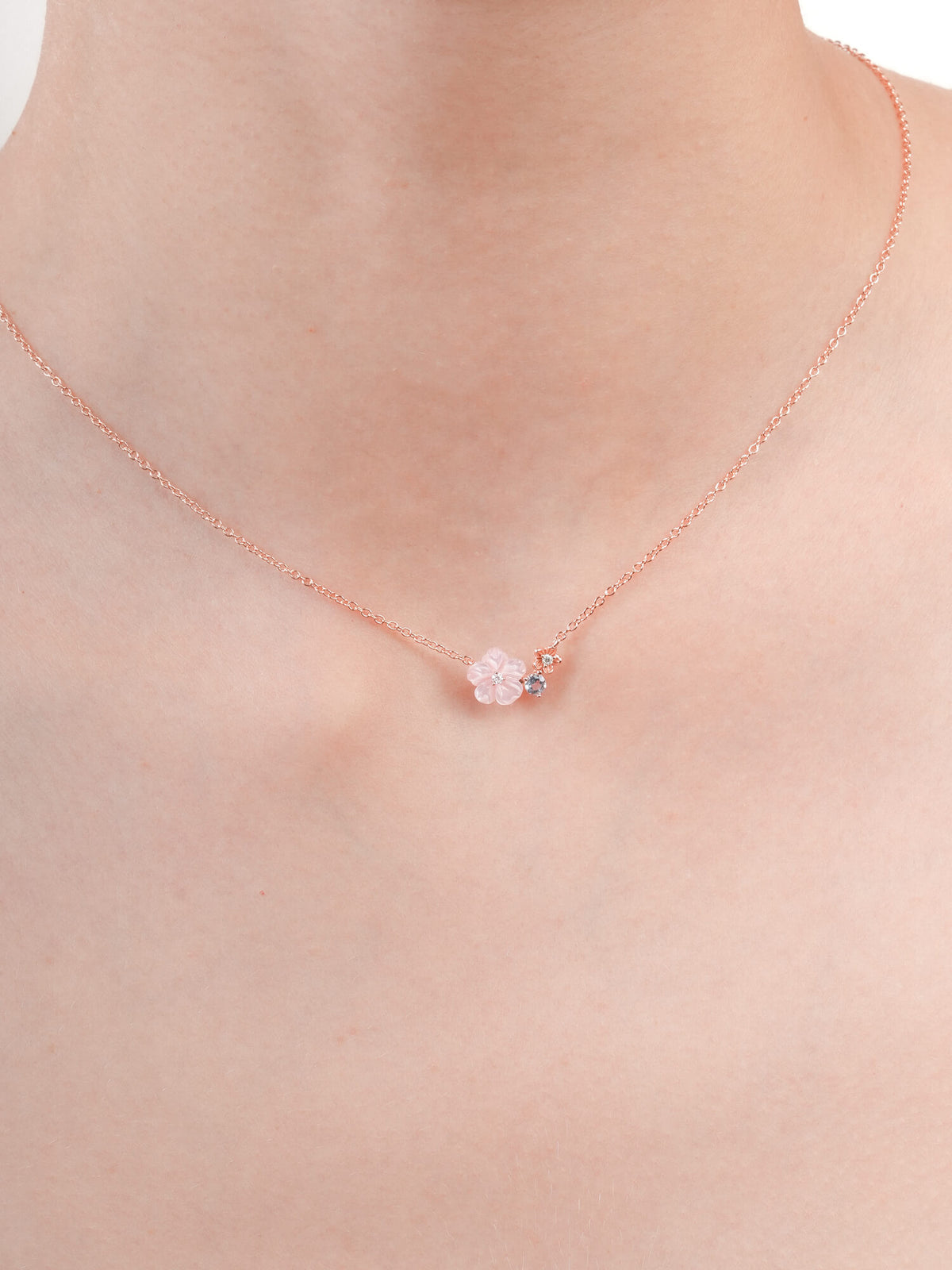 Pink Cluster Flower Necklace Mother of Pearl Aquamarine 18K Rose Gold (3) – Mondays Made Flower & Birthstone Jewelry Singapore