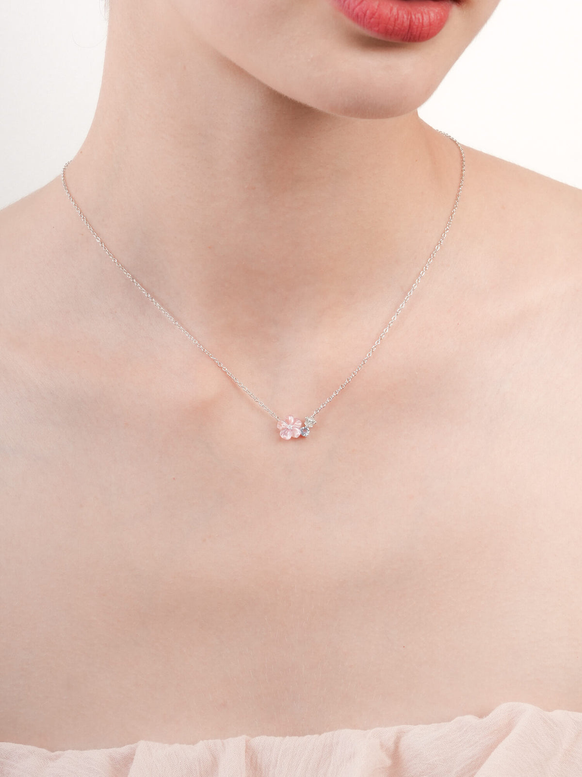 Pink Cluster Flower Necklace Mother of Pearl Aquamarine S925 Silver Rhodium (1) – Mondays Made Flower & Birthstone Jewelry Singapore