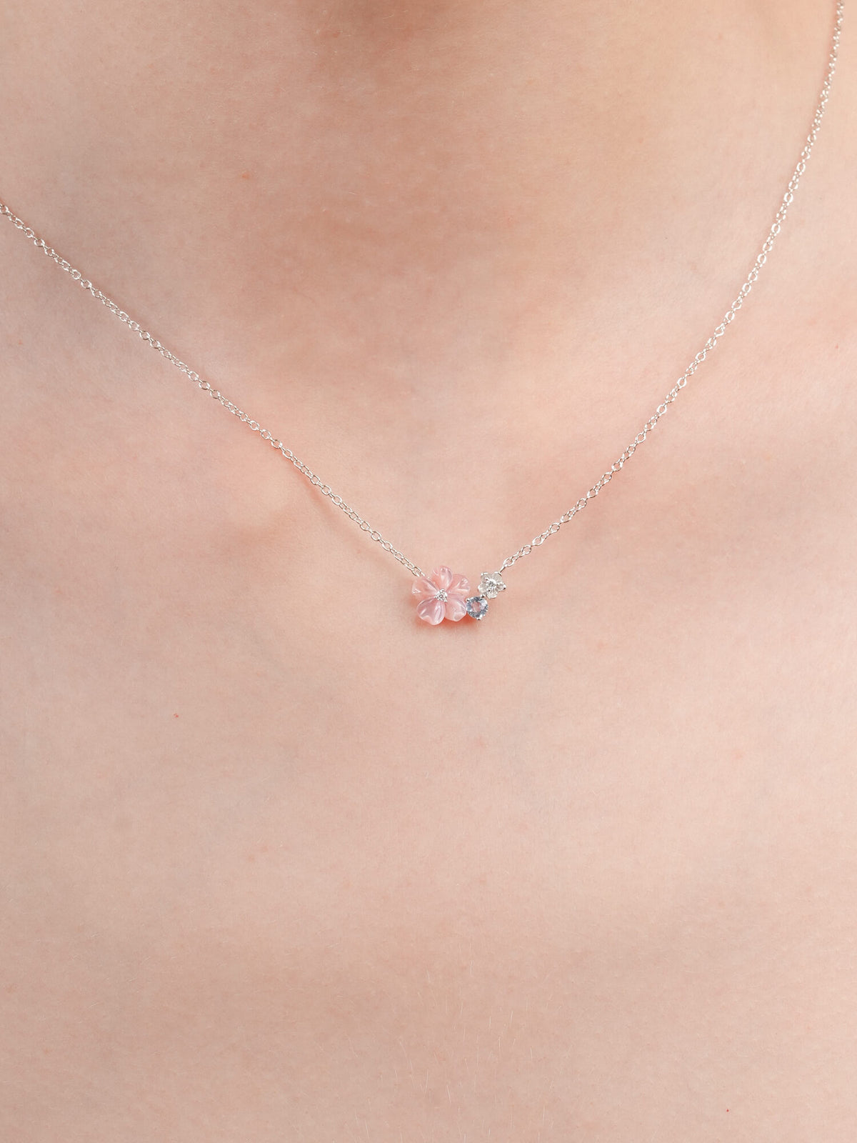 Pink Cluster Flower Necklace Mother of Pearl Aquamarine S925 Silver Rhodium (3) – Mondays Made Flower & Birthstone Jewelry Singapore