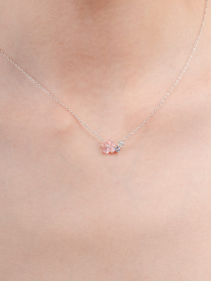 Pink Cluster Flower Necklace Mother of Pearl Aquamarine S925 Silver Rhodium (3) – Mondays Made Flower & Birthstone Jewelry Singapore