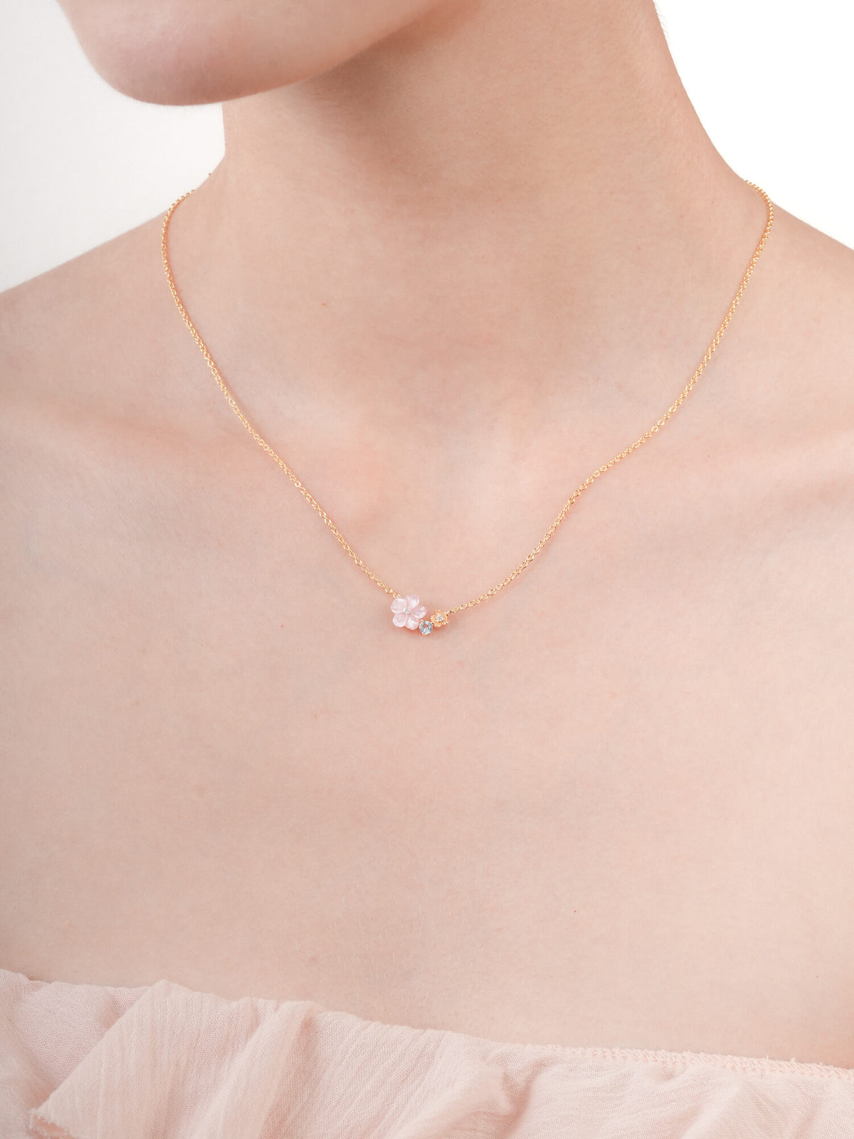 Pink Cluster Flower Necklace Mother of Pearl Aquamarine 18K Gold (1) – Mondays Made Flower & Birthstone Jewelry Singapore