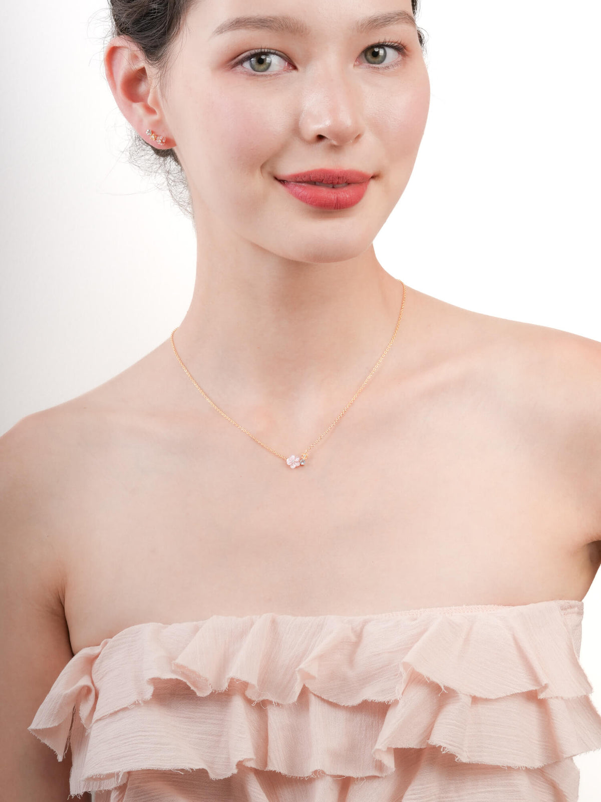 Pink Cluster Flower Necklace Mother of Pearl Aquamarine 18K Gold (2) – Mondays Made Flower & Birthstone Jewelry Singapore