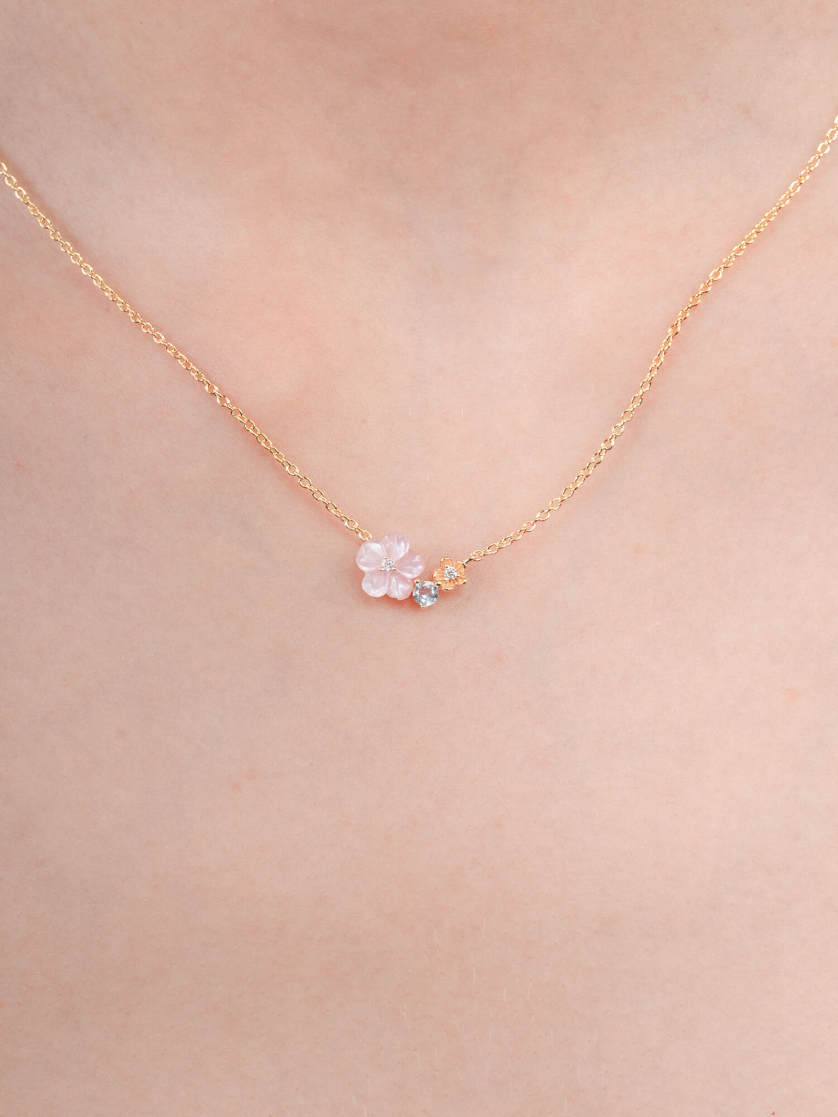 Pink Cluster Flower Necklace Mother of Pearl Aquamarine 18K Gold (3) – Mondays Made Flower & Birthstone Jewelry Singapore