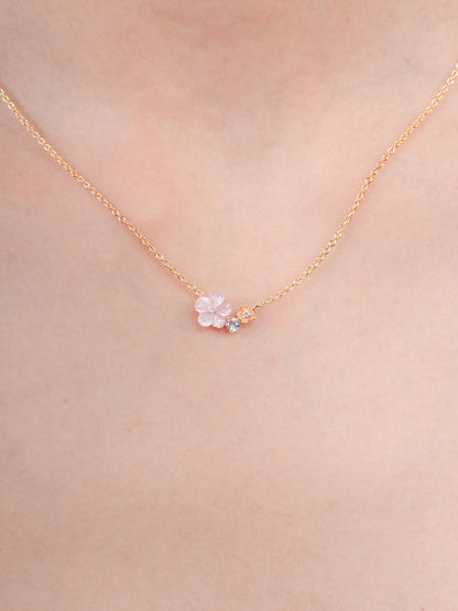 Pink Cluster Flower Necklace Mother of Pearl Aquamarine 18K Gold (3) – Mondays Made Flower & Birthstone Jewelry Singapore