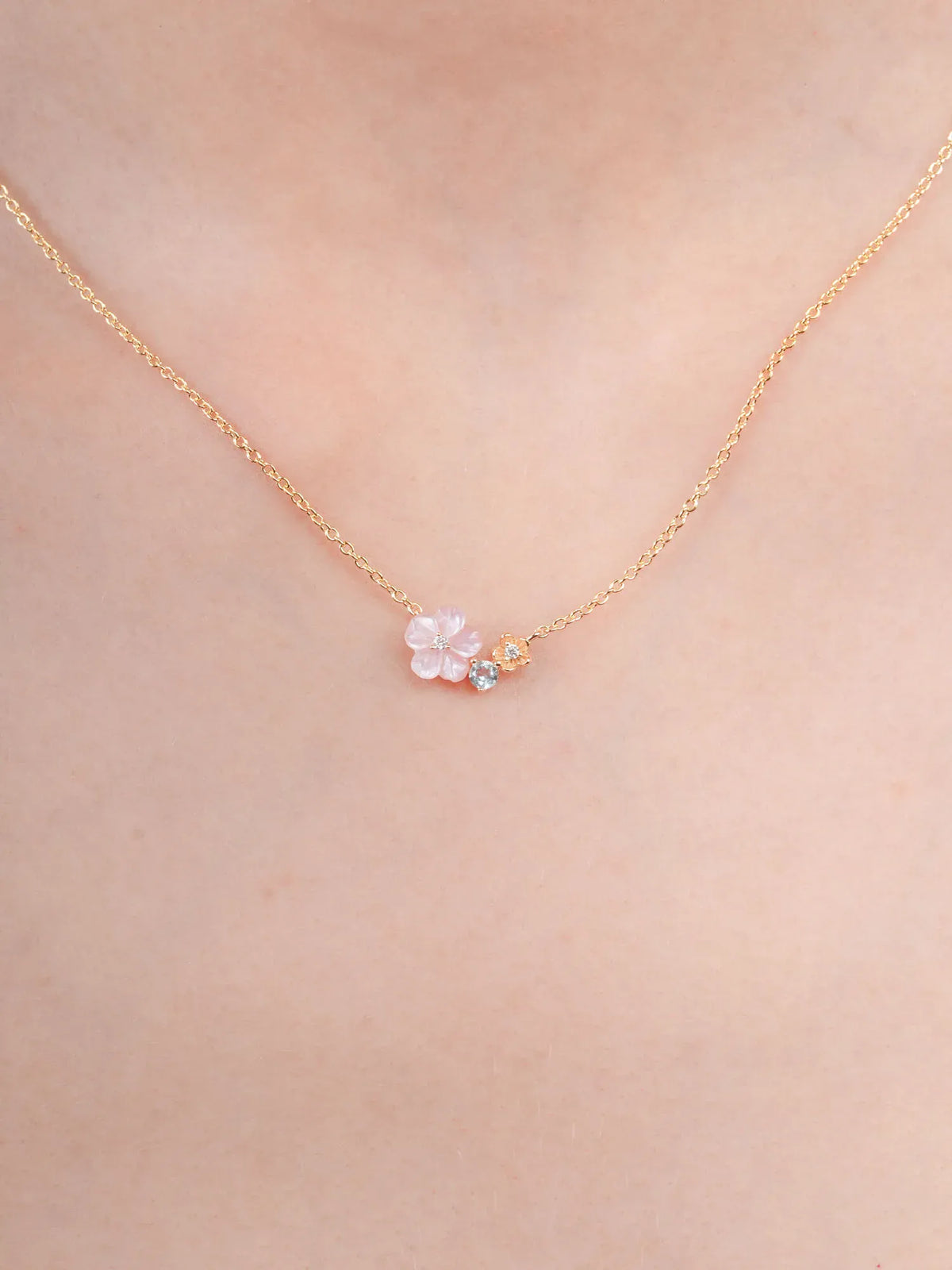 Pink Cluster Flower Necklace – MOP & Aquamarine