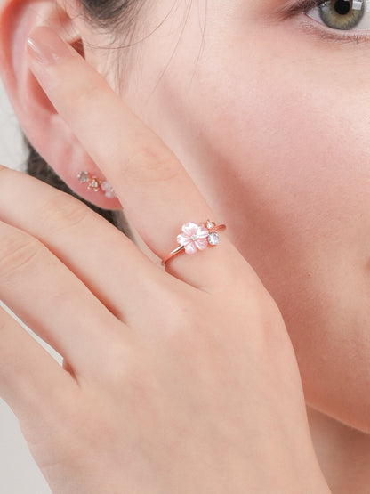 Pink Cluster Flower Ring Mother of Pearl Aquamarine 18K Rose Gold (1) – Mondays Made Flower & Birthstone Jewelry Singapore