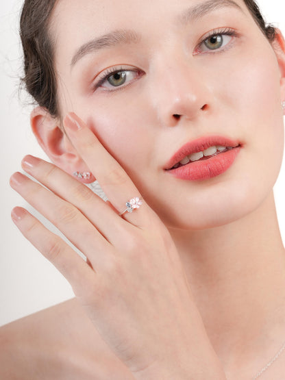 Pink Cluster Flower Ring Mother of Pearl Aquamarine S925 Silver Rhodium (1) – Mondays Made Flower & Birthstone Jewelry Singapore