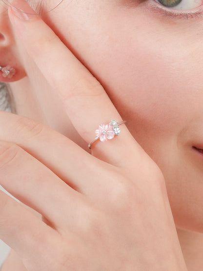 Pink Cluster Flower Ring Mother of Pearl Aquamarine S925 Silver Rhodium (2) – Mondays Made Flower & Birthstone Jewelry Singapore