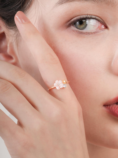 Pink Cluster Flower Ring Mother of Pearl Aquamarine 18K Gold (1) – Mondays Made Flower & Birthstone Jewelry Singapore