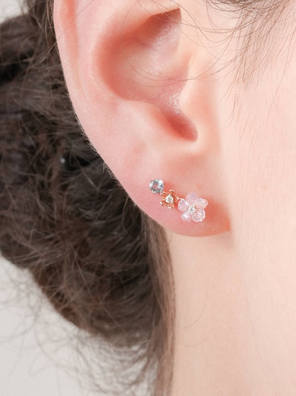 Pink Flower Climber Earrings Mother of Pearl Aquamarine 18K Rose Gold (1) – Mondays Made Flower & Birthstone Jewelry Singapore