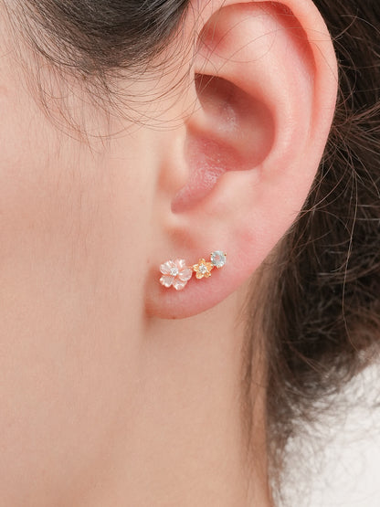 Pink Flower Climber Earrings Mother of Pearl Aquamarine 18K Gold (2) – Mondays Made Flower & Birthstone Jewelry Singapore