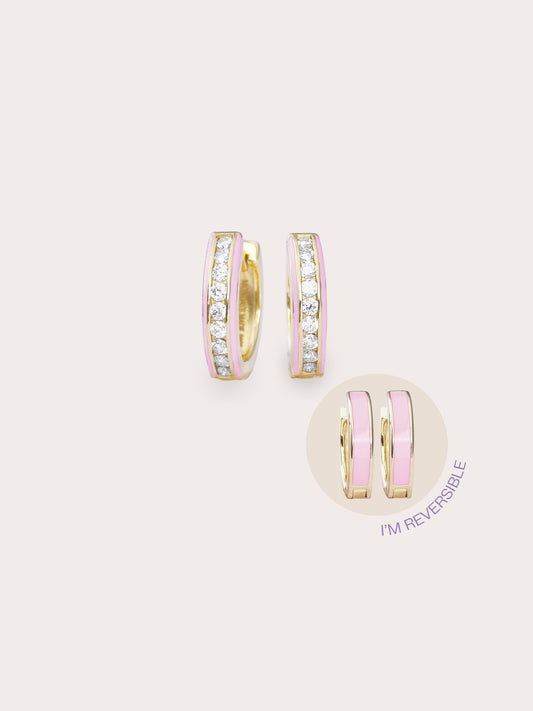 Pink Enamel Moissanite Huggie Earrings - Reversible