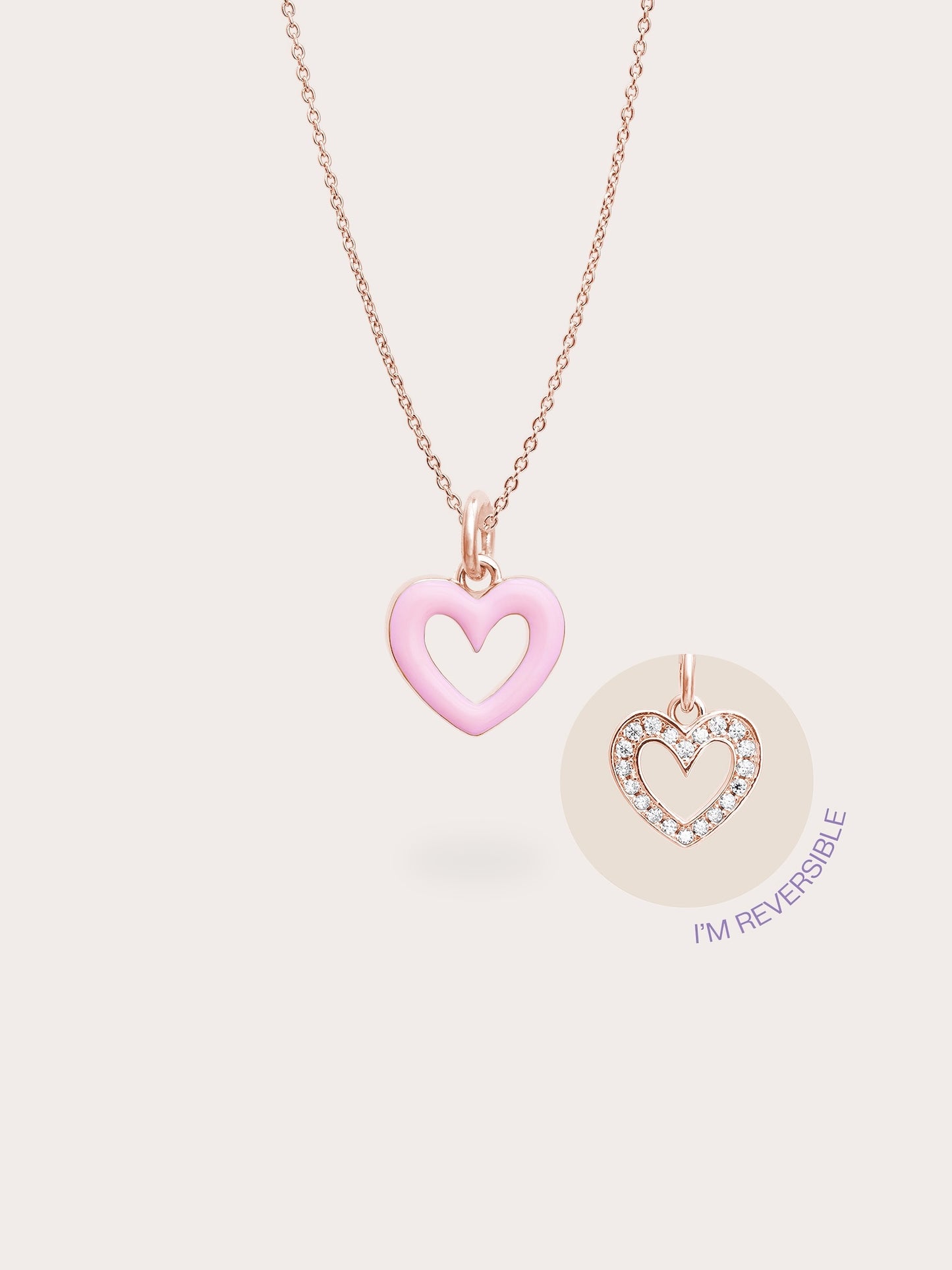 Pink Heart Necklace - Reversible Enamel Moissanite