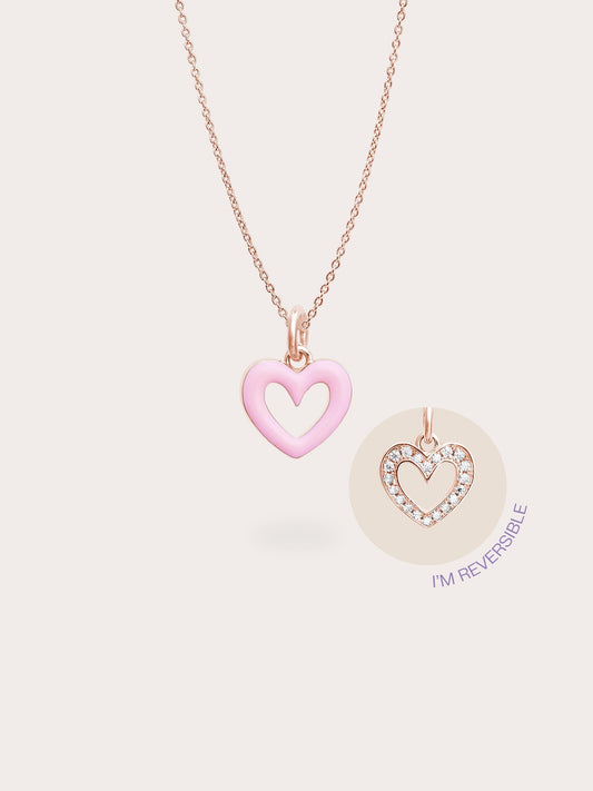 Pink Heart Necklace - Reversible Enamel Moissanite