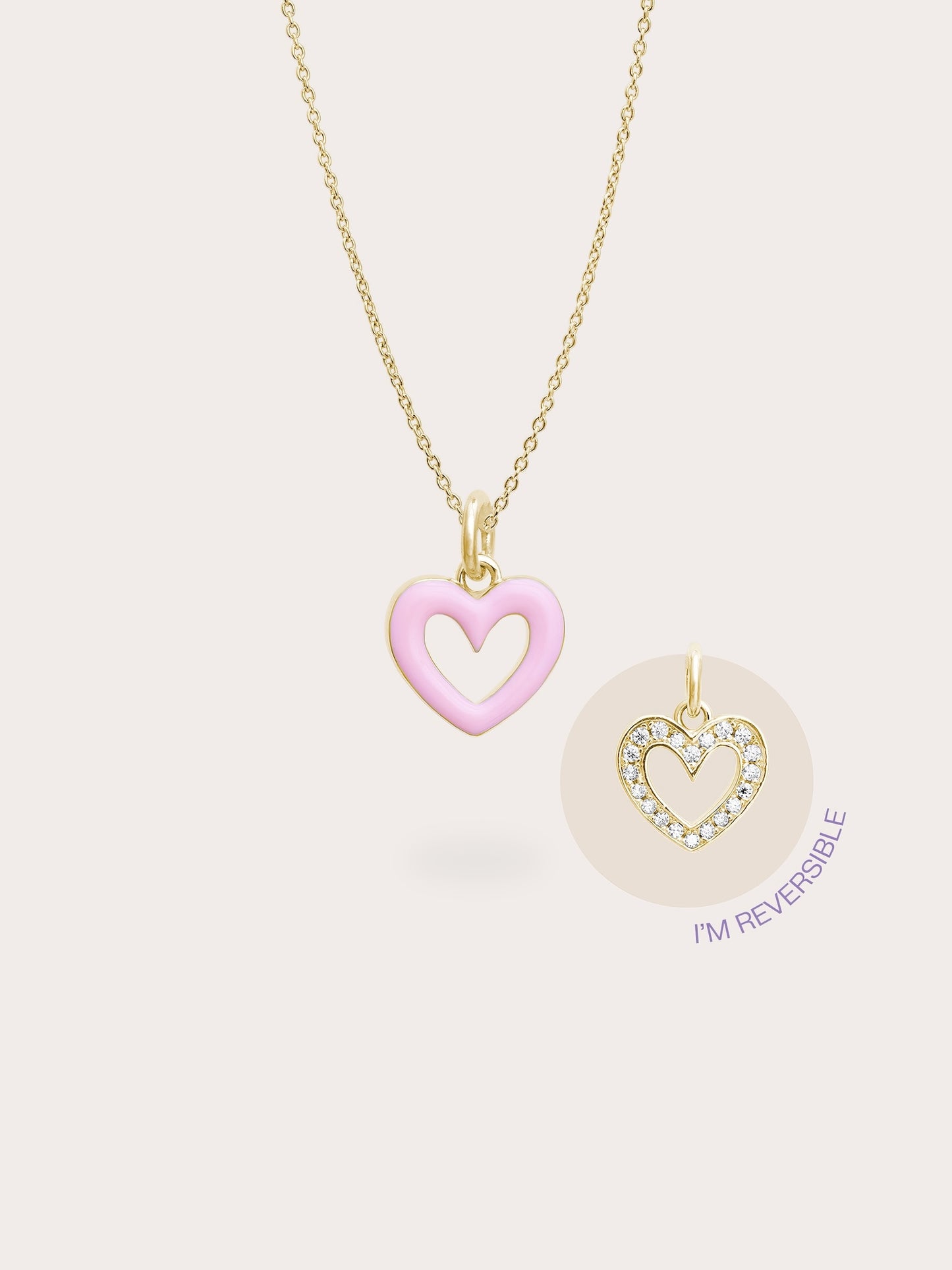 Pink Heart Necklace - Reversible Enamel Moissanite