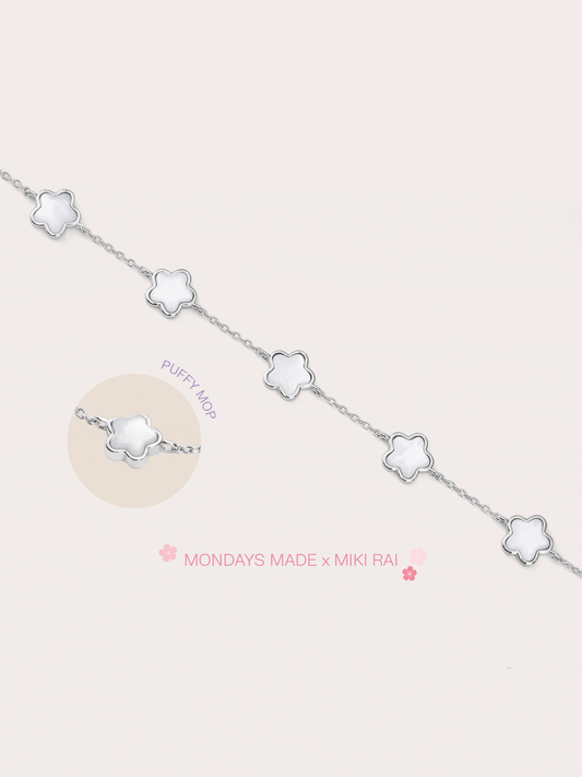 Puffy Sakura Mother Of Pearl Bracelet S925 Silver Rhodium (2) – Mondays Made Flower & Birthstone Jewelry Singapore