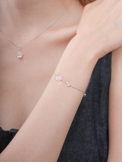 Puffy Flower Bracelet Rose Quartz S925 Silver Rhodium (5) – Mondays Made Flower & Birthstone Jewelry Singapore
