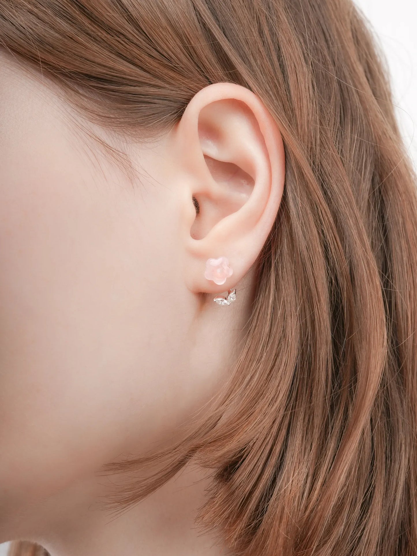 Puffy Flower Ear Jacket Earrings – Rose Quartz