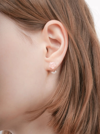Puffy Flower Ear Jacket Earrings Rose Quartz S925 Silver Rhodium (5) – Mondays Made Flower & Birthstone Jewelry Singapore