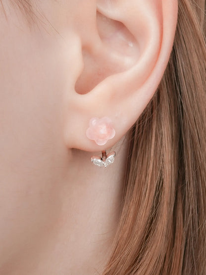 Puffy Flower Ear Jacket Earrings Rose Quartz S925 Silver Rhodium (6) – Mondays Made Flower & Birthstone Jewelry Singapore